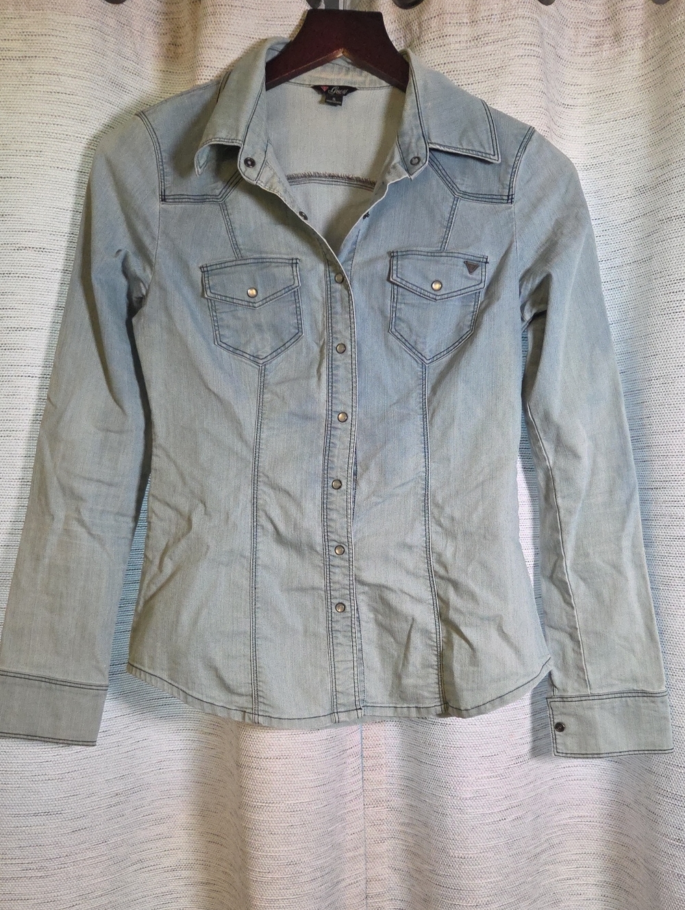 Guess Light Blue Denim Shirt with Black Logo Tag